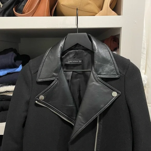 Zara Wool Blend Moto Lamb Leather Collar Coat